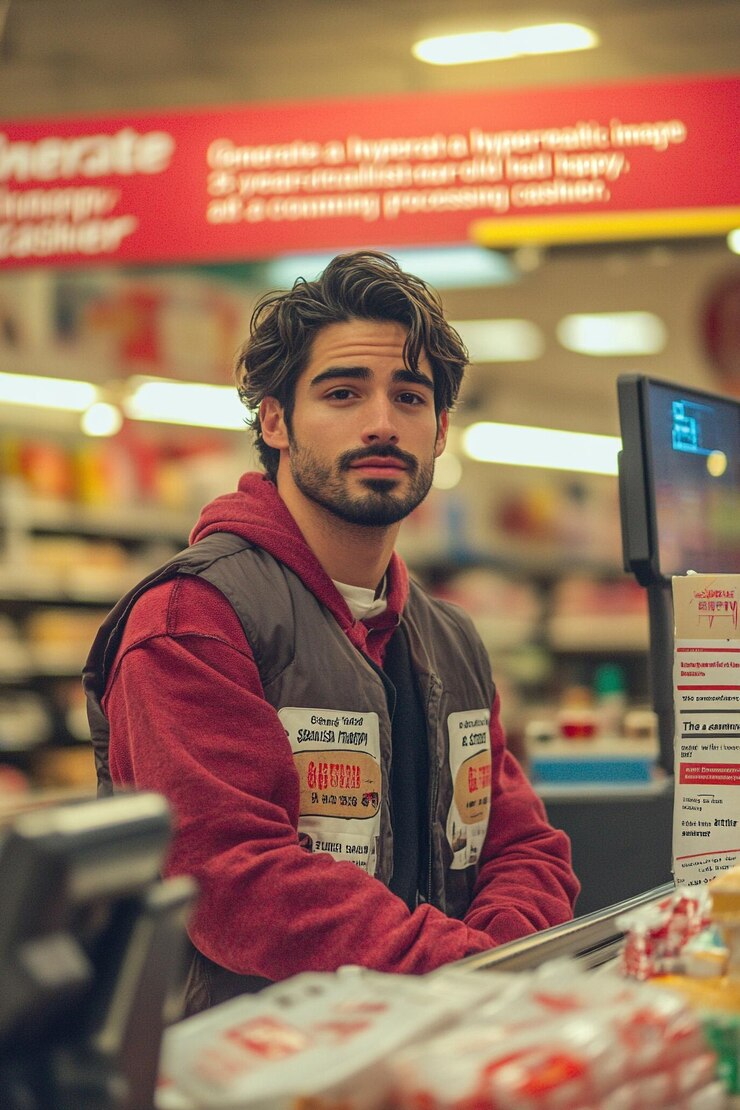 Foto gerar uma imagem hiperrealista de um homem espanhol feliz de 35 anos trabalhando como caixa de supermercado