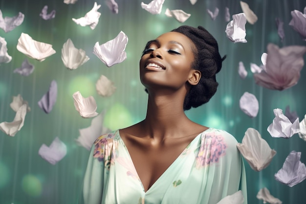 Gerativa ai jovem negra vestindo roupas de flores sorrindo serena