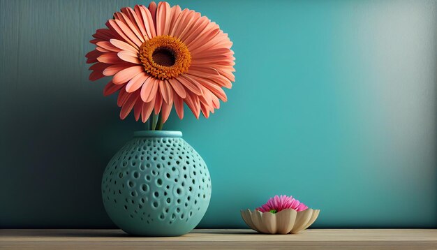 Gerbera in Vase auf Holztisch mit einfarbigem Wandhintergrund