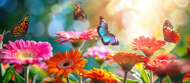 Foto gérberas coloridas com borboletas tropicais