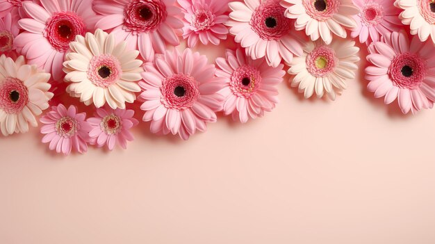 Foto gerberas cor-de-rosa em fundo rosa copiar o espaço de cima vista plana