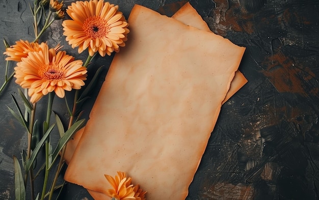 Las gerberas naranjas besadas por el sol se encuentran junto a un pergamino envejecido en un fondo de textura oscura que evoca una elegancia rústica