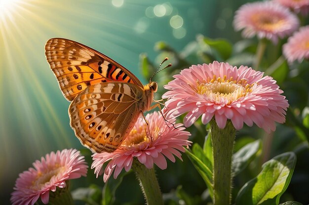 Gerbería de fondo floral en los rayos de luz y mariposa