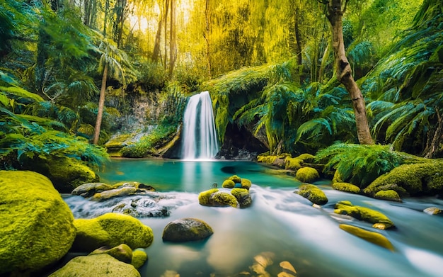 Gere uma imagem de fundo tranquila e calmante que apresente plantas verdes exuberantes. A cena deve