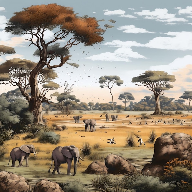 Gere uma imagem de uma vasta paisagem de savana com uma manada de elefantes pastando em primeiro plano