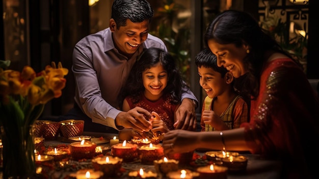 Gere uma imagem vibrante e festiva de IA com tema Diwali mostrando a alegre celebração das luzes c