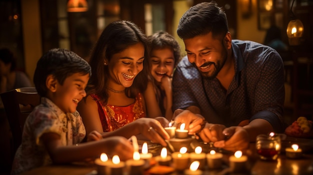 Gere uma imagem vibrante e festiva de IA com tema Diwali mostrando a alegre celebração das luzes c