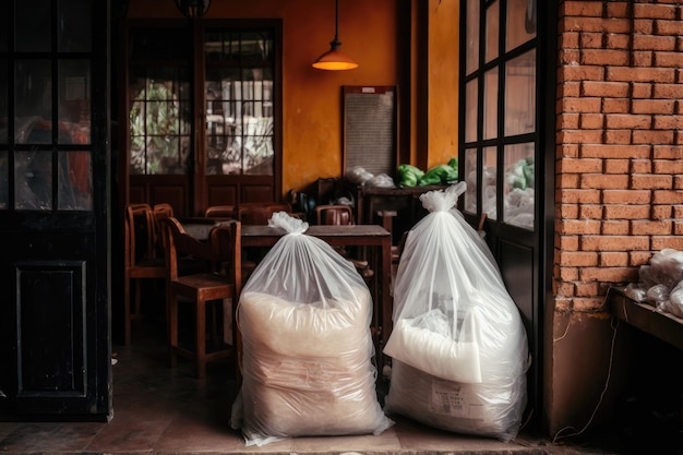 Gereinigter und gelagerter Müll in Plastiktüten hinter dem Restaurant