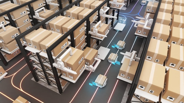 Gerenciamento de armazém com robótica automatizadaO veículo de transporte usa um braço robótico para pegar as mercadorias usando automação no gerenciamento de produtos renderização 3D