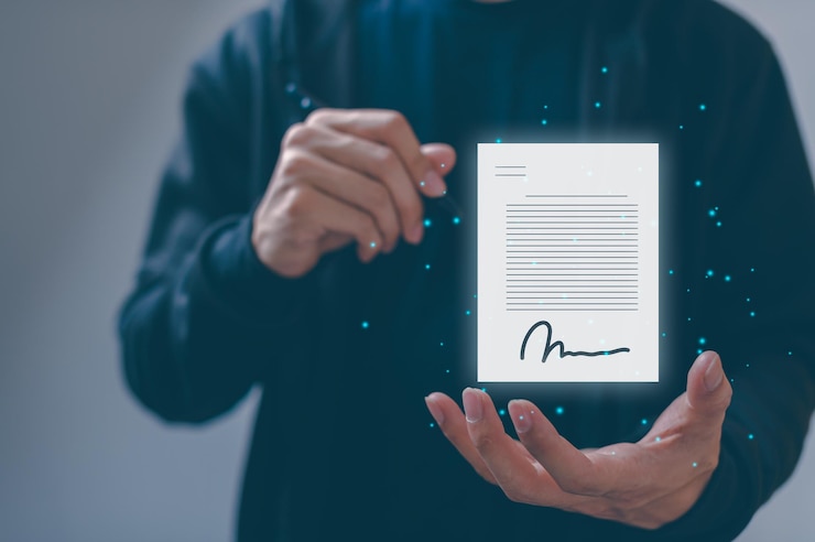 Foto gerenciamento de documentos de assinatura eletrônica escritório sem papel assinatura e assinatura de contrato de negócios conceito metaverse