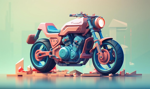 Gerenderte isometrische Illustration zum Thema Motorrad, pixelige frische Farben 3D mit Fokus o