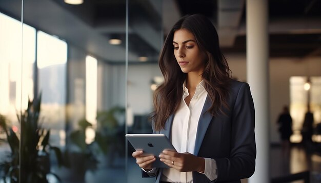 Gerente administrativa mulher séria em terno formal caminhando no escritório