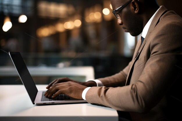 Gerente afro-americano irreconhecível trabalhando em laptop no escritório