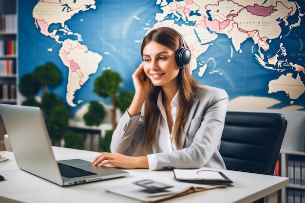 Foto la gerente de una agencia de viajes se sienta en el escritorio de la oficina y sostiene el pasaporte con visados y boletos de avión. la representante de la compañía de operadores turísticos en auriculares cerca del mapa gigante del mundo ayuda a viajar.