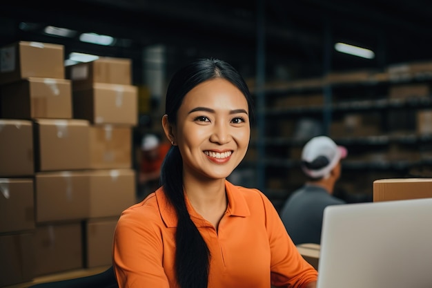 Gerente de almacén asiática con computadora portátil en el centro de distribución Gerente de envío de almacén