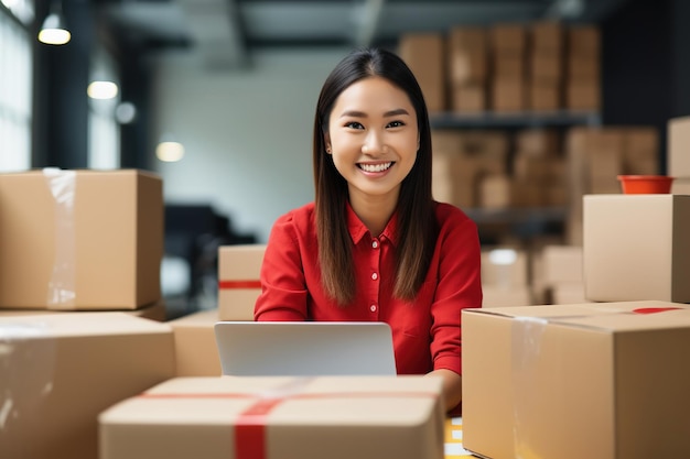 Gerente de almacén asiático con computadora portátil en el centro de distribución Supervisor de almacenamiento Gerente de envío