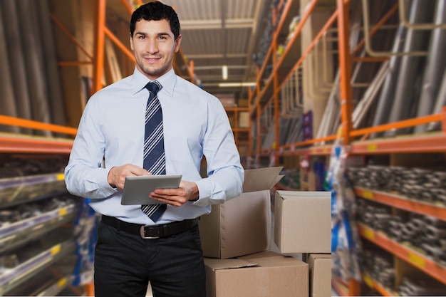 Foto gerente en el almacén de cajas de verificación con tableta digital