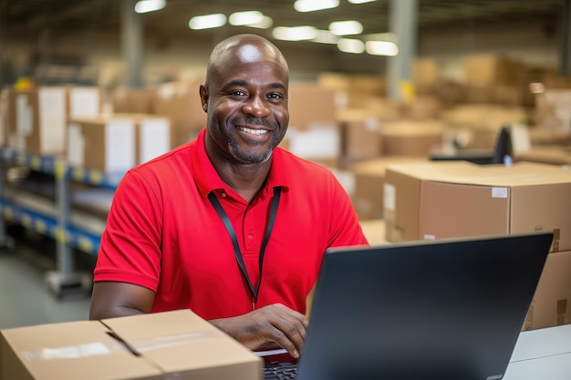 Gerente de almacén masculino negro con computadora portátil en el centro de distribución Supervisor de paquetes de almacén