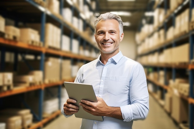 Gerente de almacén en el trabajo Gerente de fábrica masculino feliz usando tableta digital en el almacén Trabajador de almacèn en estantes borrosos Fondo Ilustración generativa de IA