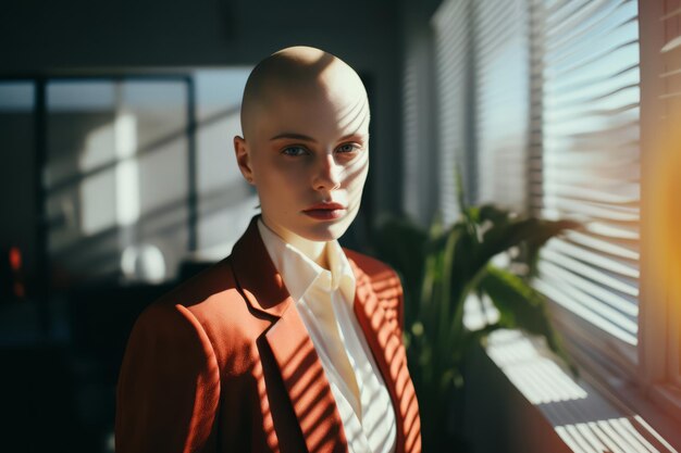 Gerente careca em um terno laranja trabalha no escritório mulher de negócios tendências de moda