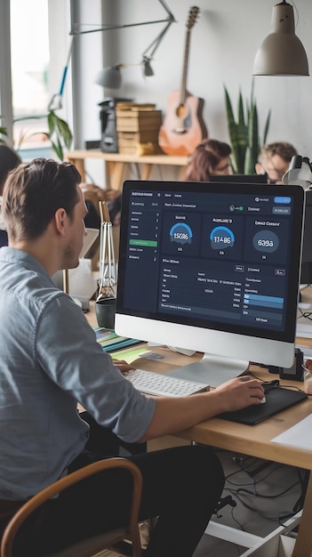 Gerente caucásico masculino que utiliza una computadora de escritorio con software de análisis con informes financieros