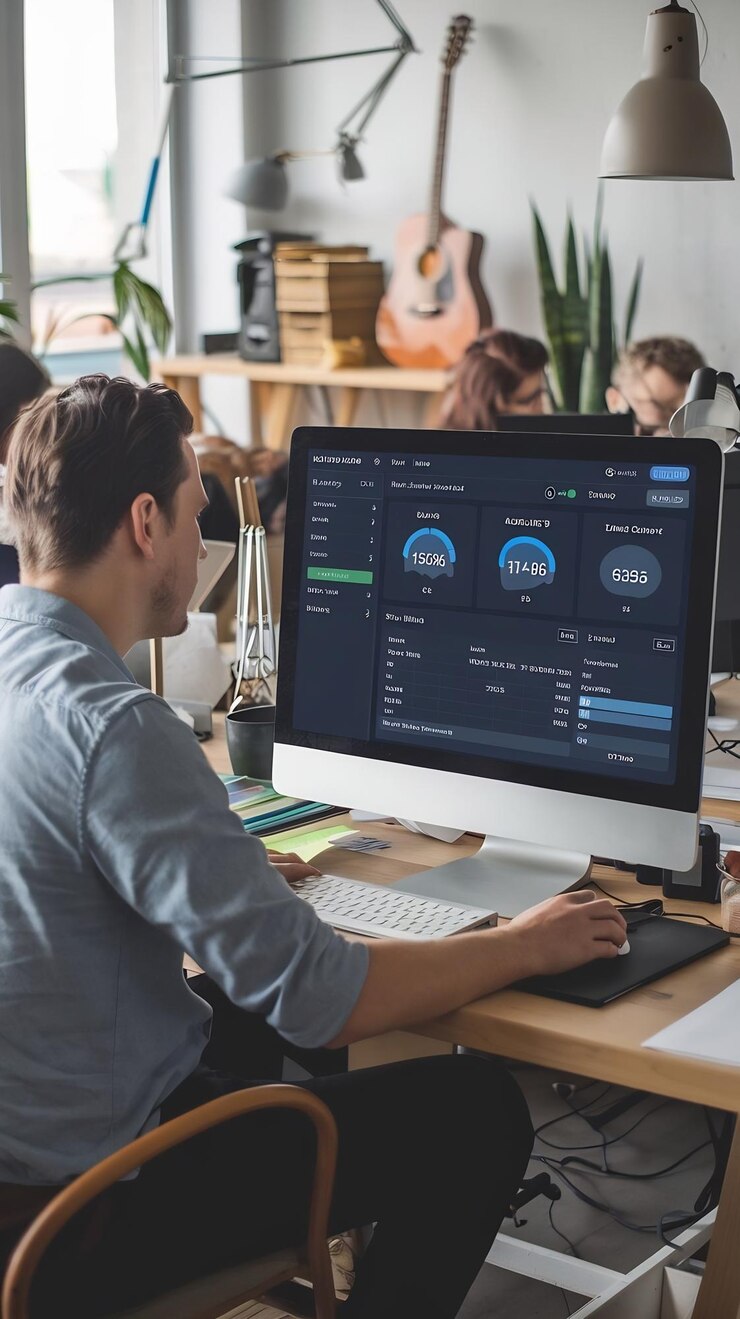 Foto gerente caucásico masculino que utiliza una computadora de escritorio con software de análisis con informes financieros