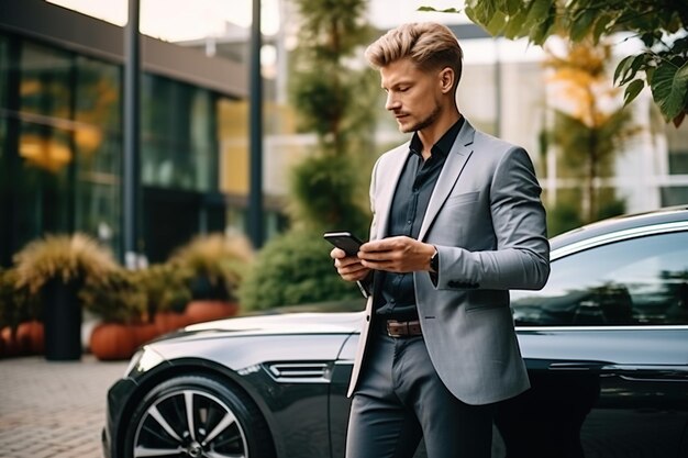 Gerente confiado joven hombre de negocios guapo usando teléfono inteligente mientras está de pie cerca de su coche al aire libre