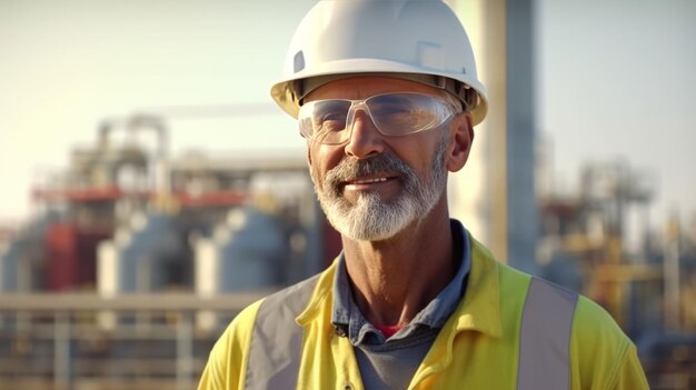 Gerente de construcción estadounidense senior discutiendo en el sitio de la refinería por la mañana