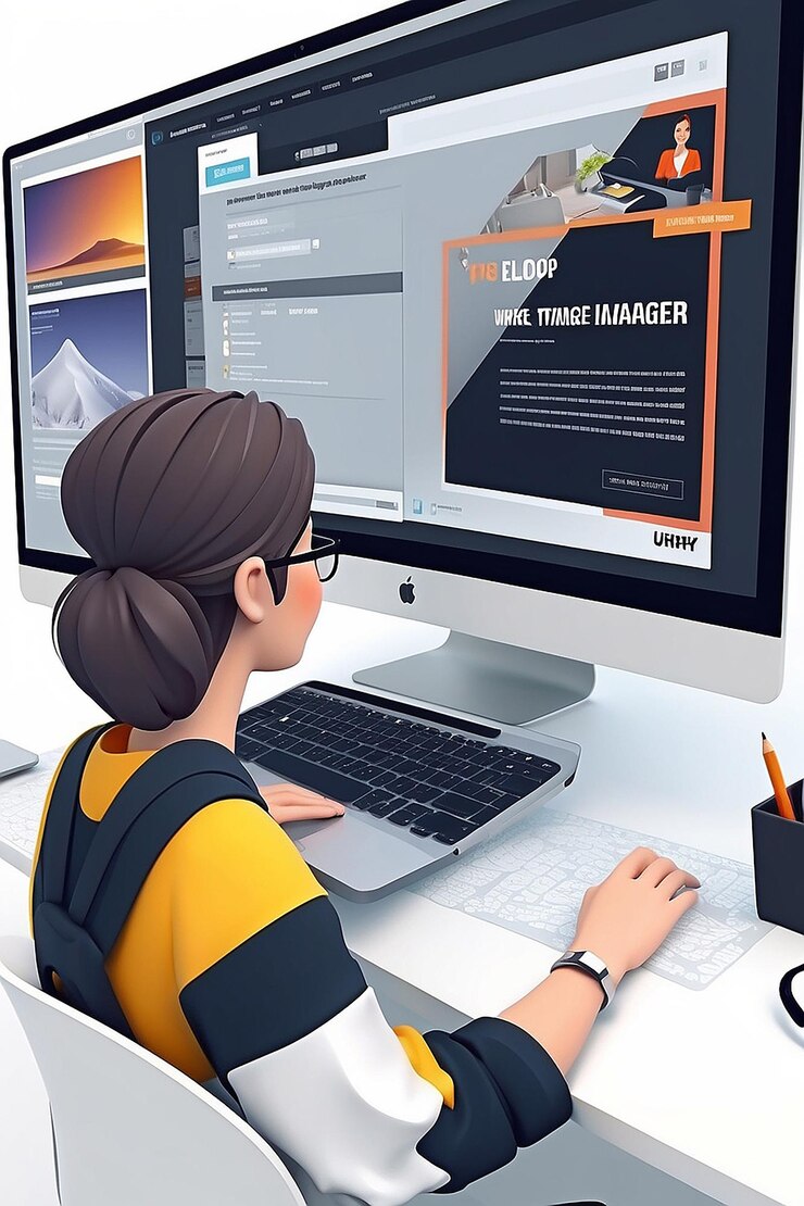 Foto el gerente de contenidos trabaja en una computadora portátil, el editor de sitios web de ilustración 3d edita la página en línea en la computadora.