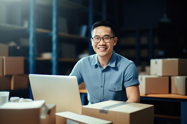 Gerente de armazém masculino asiático com laptop no supervisor de pacotes do armazém do centro de distribuição