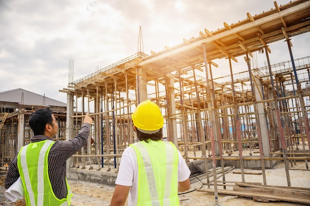 Gerente de construção de homem de negócios asiático e trabalhador engenheiro no canteiro de obras