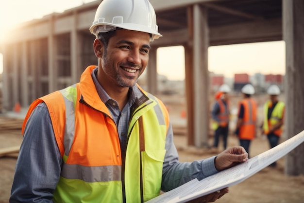 Gerente de construção masculino supervisiona a arquitetura no canteiro de obras