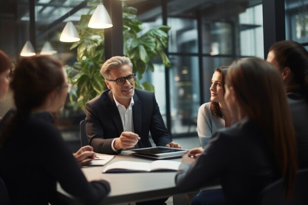 Gerente de empresa latina mais velha liderando reunião de equipe no escritório grupo de pessoas profissionais diversas felizes