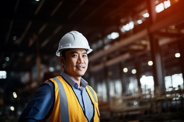 gerente de engenheiro asiático inteligente com uniforme de segurança verificando o local de construção com aço