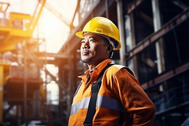 gerente de engenheiro asiático inteligente com uniforme de segurança verificando o local de construção com aço