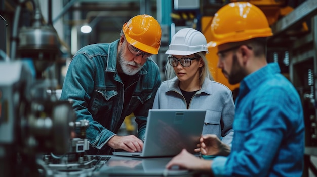 Foto gerente de engenheiro de segurança reunindo-se com a equipe de engenharia com laptop na nova fábrica