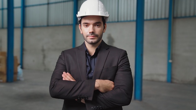 Gerente de fábrica confiante de retrato vestindo terno e capacete de segurança na fábrica. conceito de indústria e engenharia.