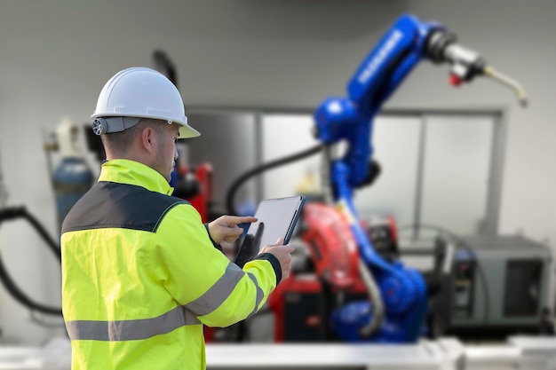 Gerente de jovem engenheiro asiático verificando e controlando a máquina de braços robóticos de automação em fábrica inteligente industrial em software de sistema de monitoramento em tempo real