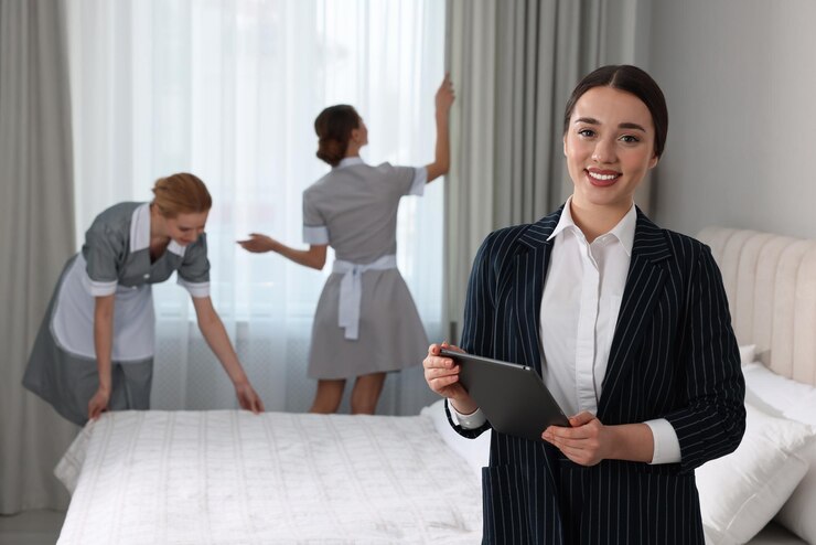 Foto gerente de limpeza com tablet verificando empregadas domésticas trabalhando no quarto do hotel