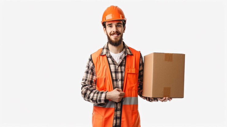 Foto gerente de logística com uma caixa de entrega isolada em fundo branco