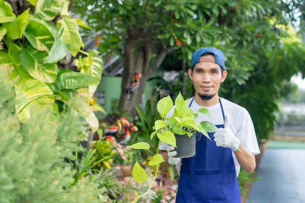 Gerente de loja de plantas ornamentais segurando o vaso na loja