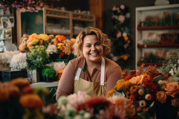 Gerente de mulher gorda em uma floricultura