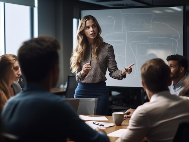 Gerente de negócios, colega empresária, reunião profissional, discussão em grupo de trabalho em equipe, IA generativa