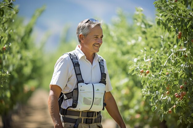 Gerente de pomar implementando técnicas de controle de pragas Pomar de frutas com uma mistura de naturais