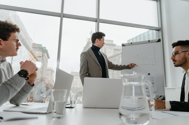 Gerente de projeto parabenizando o superintendente de trabalho com resultados bem sucedidos no escritório