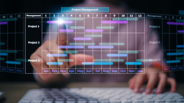 Foto gerente de projeto trabalhando em laptop e atualizando tarefas e planejamento de progresso de marcos com interface de agendamento de gráfico de gantt para a empresa na tela virtual sistema de gerenciamento de projetos de negócios