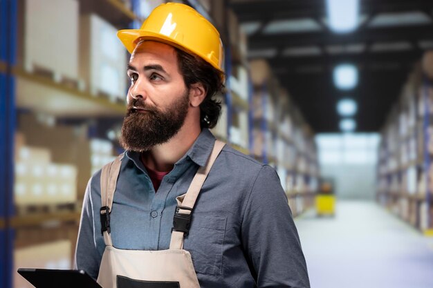 Foto gerente de depósito comprobando los productos minoristas en cajas para obtener detalles del envío de la carga