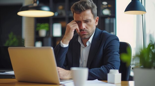 Foto gerente deprimido sobrecarregado e estressado durante o processo de tomada de decisão