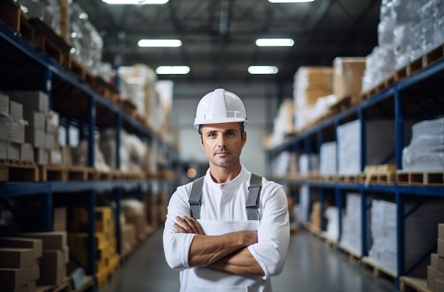 Gerente do armazém de distribuição de uniforme, verificando o estoque na prateleira do armazém Supervisor, trabalhador, engenheiro logístico, em pé na sala de armazenamento Homem no centro de expedição de carga Pacote de verificação do funcionário