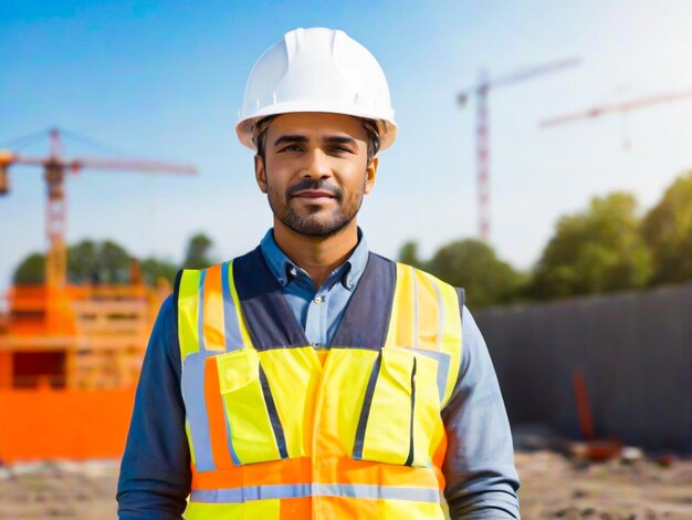 gerente do local de construção de pé com os braços dobrados vestindo colete de segurança e capacete